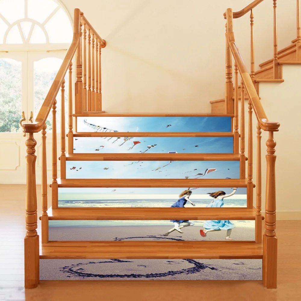 

6pcs/set Seaside Beach Girls Kite Scenery 3D Waterproof Stair Stickers Decals Removable Floor Wall Sticker Home Decor 18*100cm