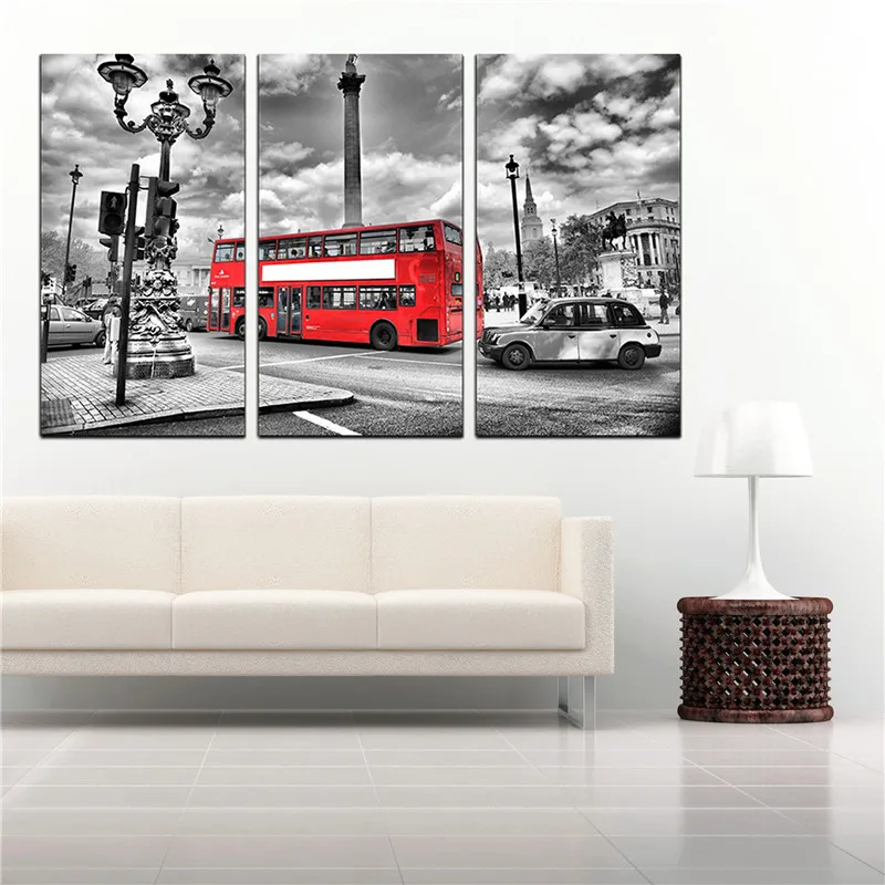 3 Панели холст без рамы холст живопись плакат черный и белый красный автобус Лондон Англия настенные картины для гостиной домашний декор