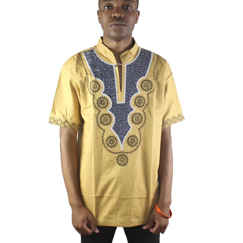 

Gold Sun Embroidery Men`s African Ethnic Tops Short Sleeved Mandarin Neck Tunic Shirts for Summer