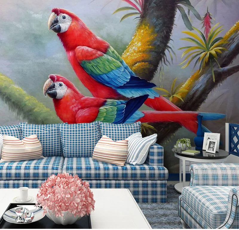 8d Modern Parrot photo wall sticker for lliving room TV background bedroom Hand-painted wallpaper 3d colorful mural paper Decor |