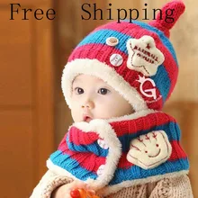 2016 New Children Scarf Knitted Winter Hat Baby Hat Ear Cap Baby Bib Suitable Suit Baby 6-48 Months Free Shipping