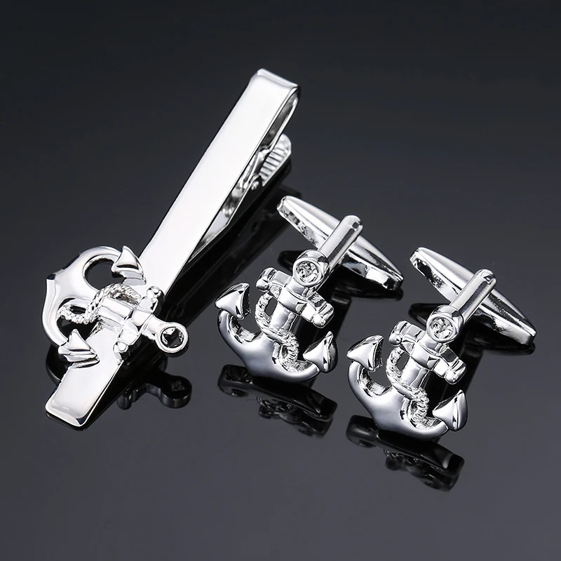 Mans Cufflinks And Tie Clips Set For Groomsmen Silver anchor Cuff link ...