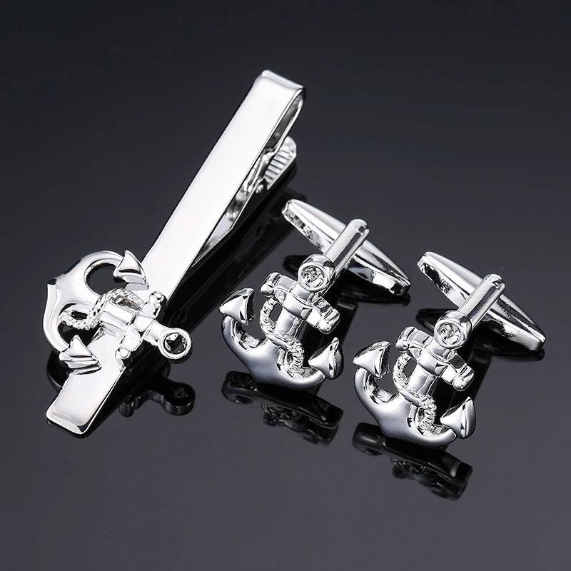 Mans Cufflinks And Tie Clips Set For Groomsmen Silver anchor Cuff link