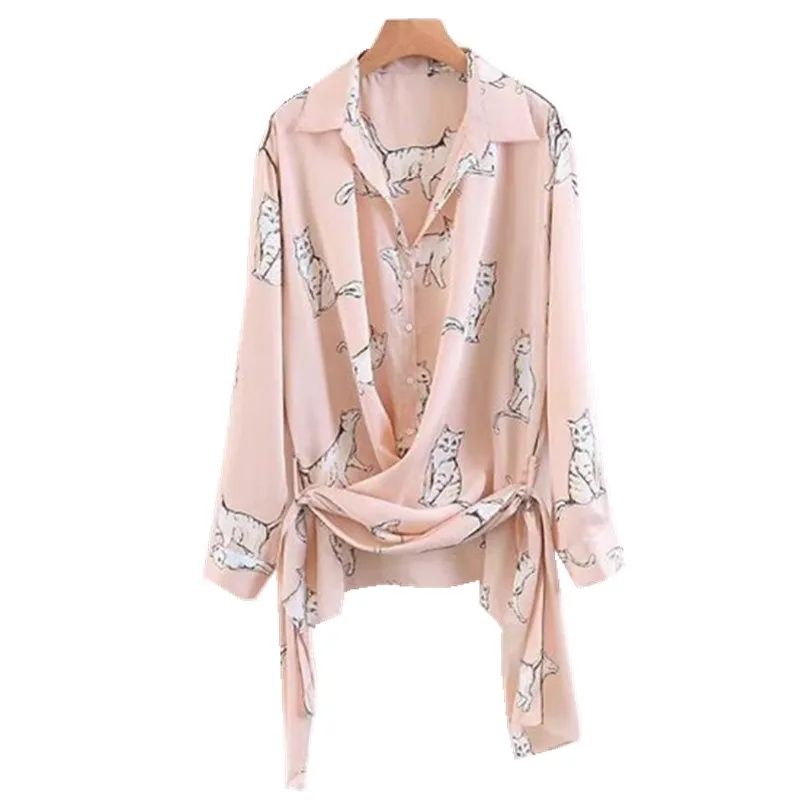 

Stylish Animal Cat Print Bow tie Hem Pink Shirt Retro New Side Slit Strape Asymmetric Blouse Tops blusas femme