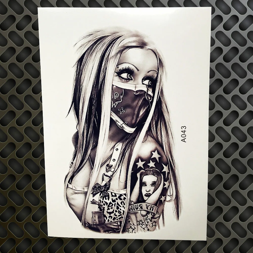Дизайн, сексуальная девушка с маской, временная татуировка, наклейка для мужчин, черная, боди-арт, на руку, вспышка, водостойкая татуировка, хна, тату, арабские женщины