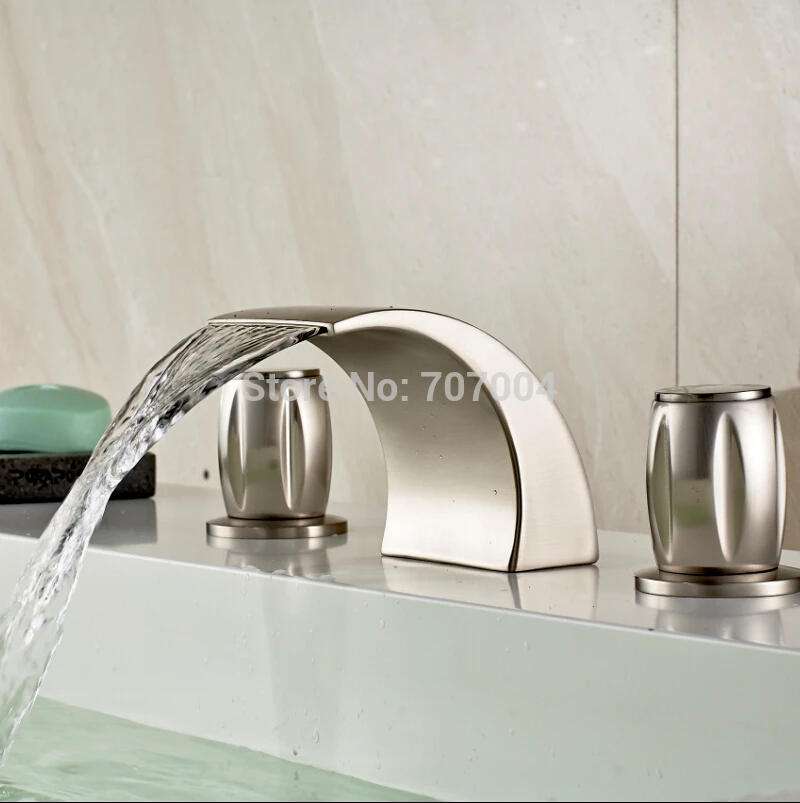 New Arrive Brushed Nickel Waterfall Basin Sink Mixer Tap Faucet Dual Handle Good Quality Bathroom Basin