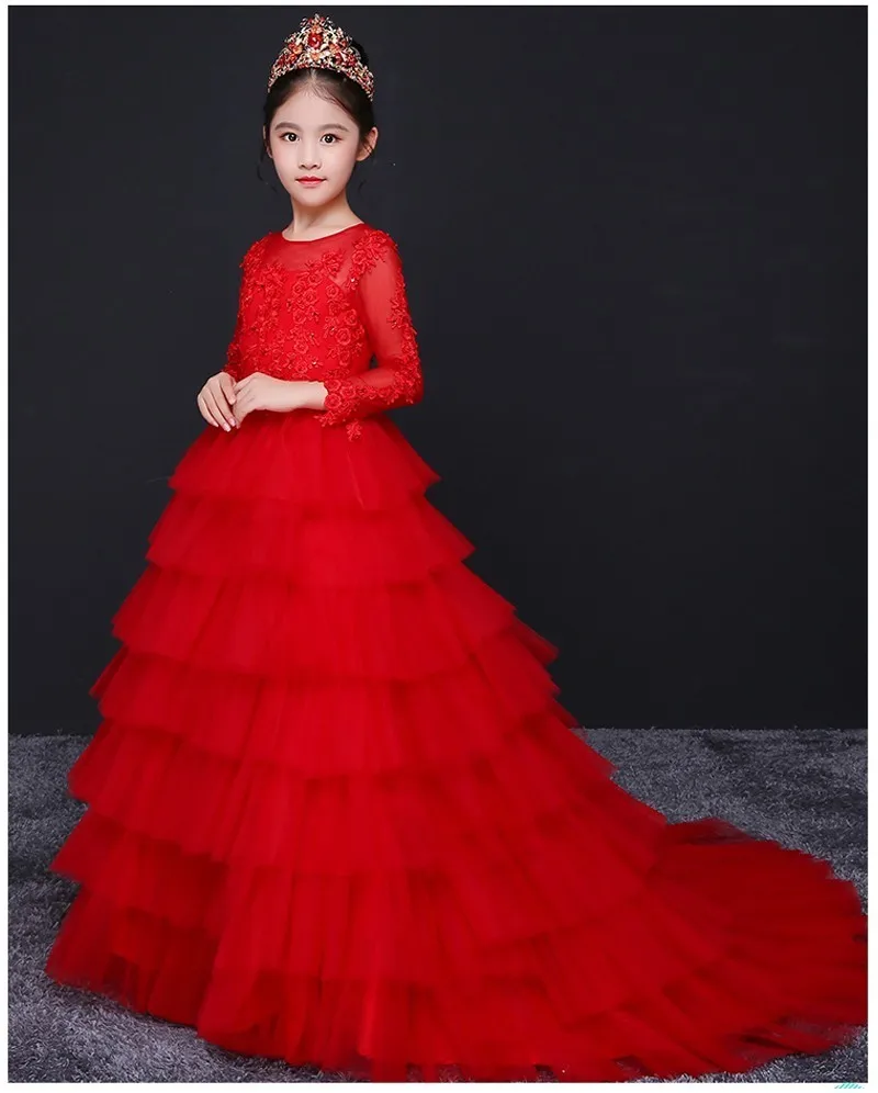 Элегантные кружева с длинным рукавом для девочек в цветочек платья для свадьбы красный Тюль Пушистые Бальные платья для девочек детское нарядное платье со шлейфом