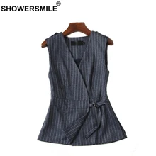 SHOWERSMILE Navy Vest Female Short Linen Striped Women Waistcoat Sleeveless Blazer Vest For Women Spring Elegant Ladies Gilet