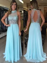 A-line Prom Kleider 2017 High Neck Sleeveless Backless Sweep Zug Chiffon Mit Kristall Perlen Formale Kleider Abendkleid 2016