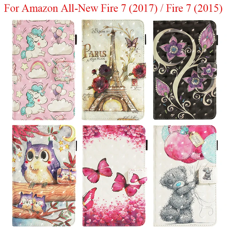 Симпатичный 3D мультяшный Единорог медведь чехол для Amazon All-New Fire 7 2017 Магнитный