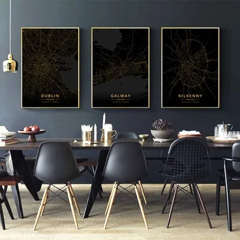 

Dublin Galway Kilkenny Ireland City Map Gold Map Canvas Art Print Wall Pictures for Living Room No Frame