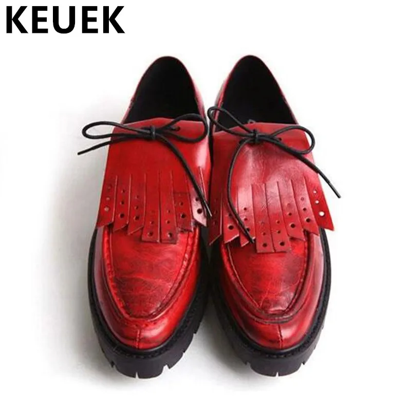 British style Men Flats Genuine leather Platform Brogue Shoes Breathable Fashion Male tassel shoes Spring/Autumn 0.9/2