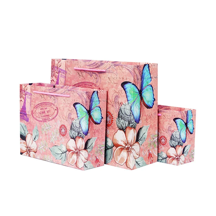 10 шт./лот Европейский Бабочка и цветок глубокий розовый Подарочный пакет бумага файл лямка для сумки фестиваль покупки декоративные пакет