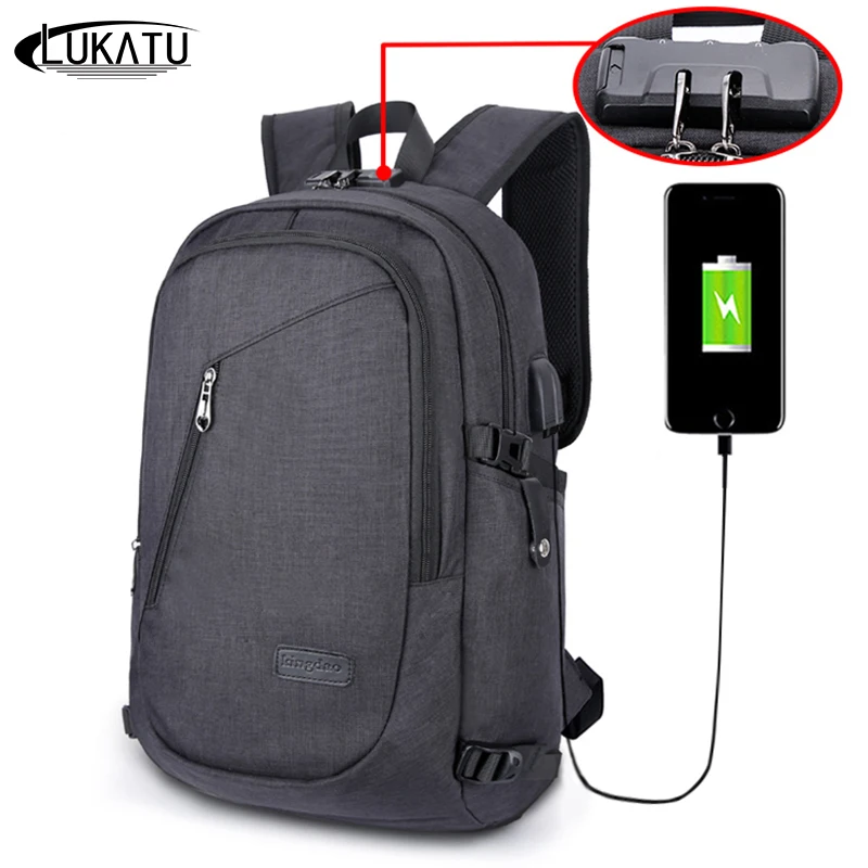 LUKATU Men USB Charging Backpack Anti Theft Password Locks Bag With Headphone Plug Business Travel Bag|backpack with|charging backpackmen backpack |