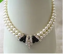 2 ряда, белая культурная жемчужина акоя& задняя каменная ожерелье, 17-18 дюймов, ожерелье, ювелирные украшения для женщин, свадьба