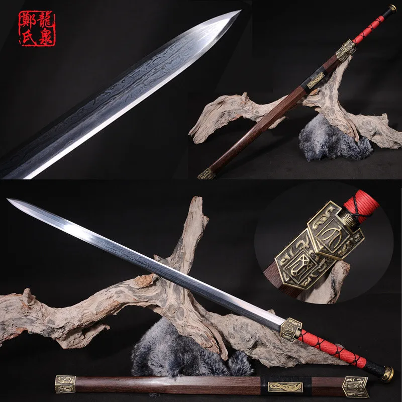 Chinese Sword Double Edges Blade Real Steel Rose Wood Scabbard Fungshui Ornaments Full Tang Sharp-Novel Souvenir-Hanjian