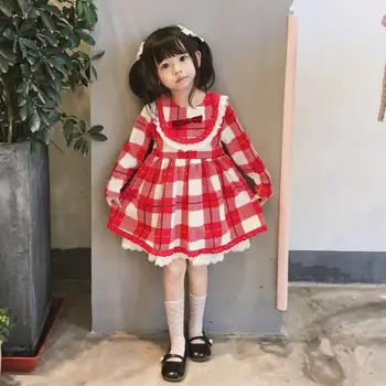 

20190Autumn Spanish Lolita Cute Dress For Girl Long Sleeve Lace Spliced Plaid Princess Dress Modis Kids Clothes Vestidos Y1572