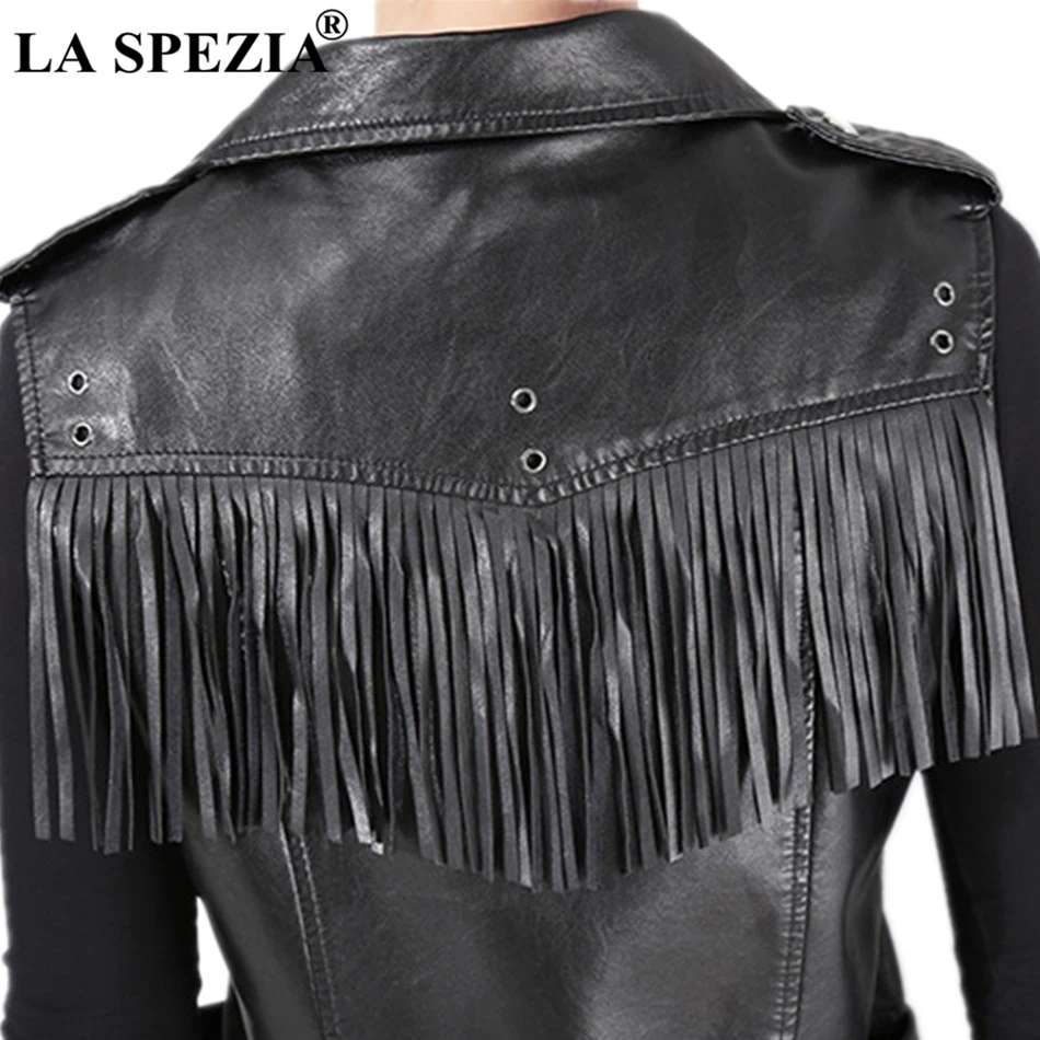 LA SPEZIA Womens Fringe Vest Black Faux Leather Waistcoat Ladies Belt Street Motorcycle Female Autumn Slim Sleeveless Jackets