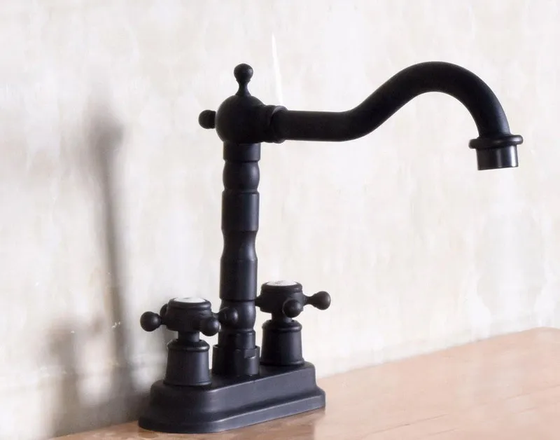 Hot Cold Handles Black Color Oil Rubbed Bronze Swivel Spout Kitchen Bar Sink Bathroom Two Holes Basin Faucet Mixer Tap anf150