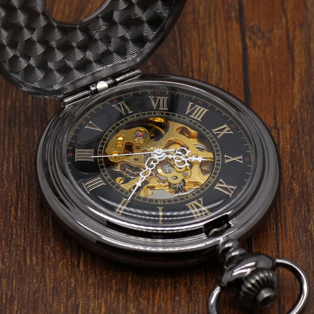 Luxury Hollow Caving Pocket Watch Set Vintage Black Full Hunter Design Mechanical Clock Necklace Pendant Clock Gift Bag Box (6)