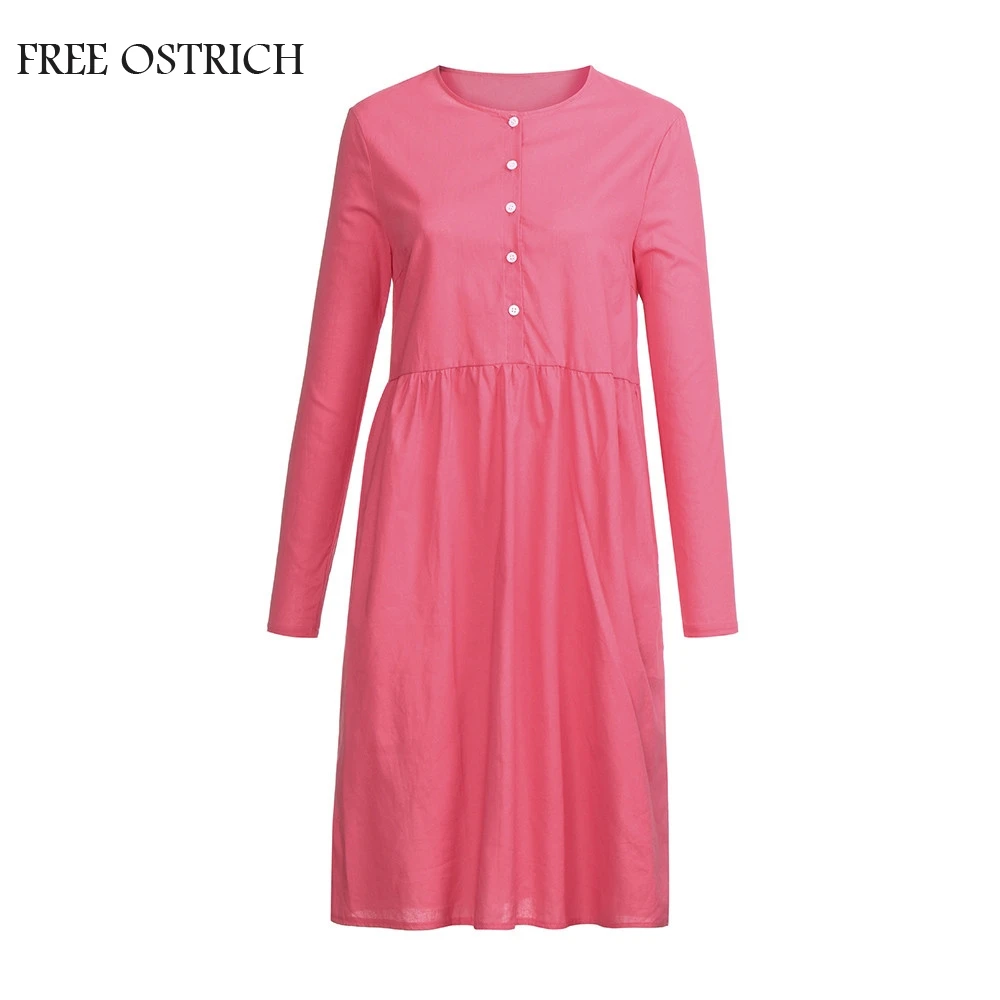 

FREE OSTRICH Casual Womens Solid Cotton Kaftan Button Long Sleeve Gown Loose Baggy Bottom O-Neck Full Lady Dress