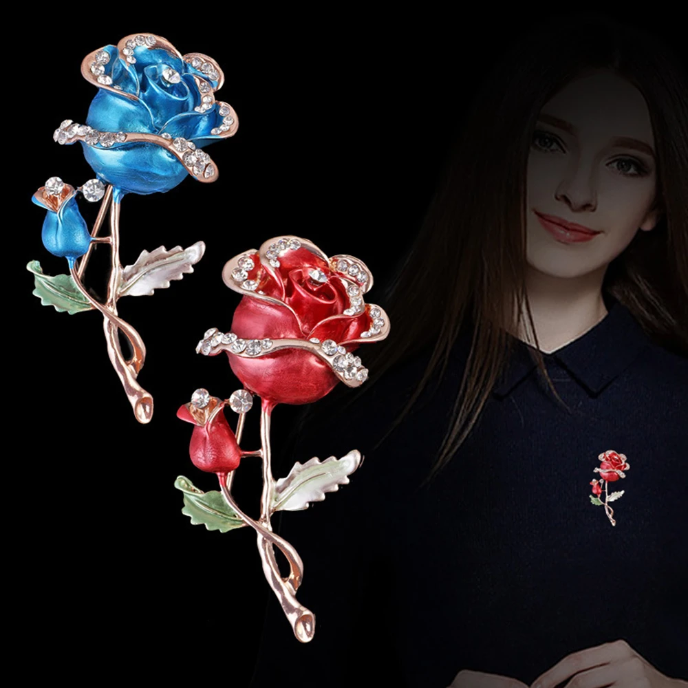 Crystal Rose Flower Brooch Pin Rhinestone Alloy Rose Gold Brooches Birthday Gift Garment Accessories