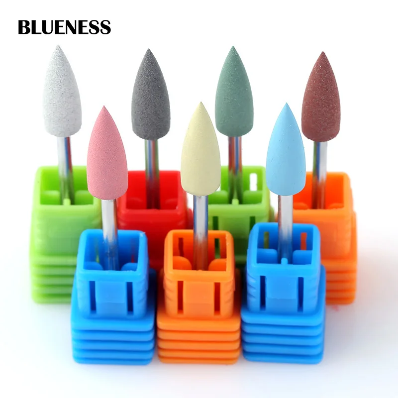 

BLUENESS 1Pcs 7 Colors Cuspidal Head Rubber&Silicon Carbide Nail Buffer Electric Manicure Machine Nail Drill Accessories Tools