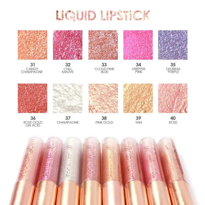 10 Colors Lipstick Waterproof Long Lasting Red Lip Metallic Gloss Stick Sexy Diamond Glitter Liquid Lipstick FOCALLURE