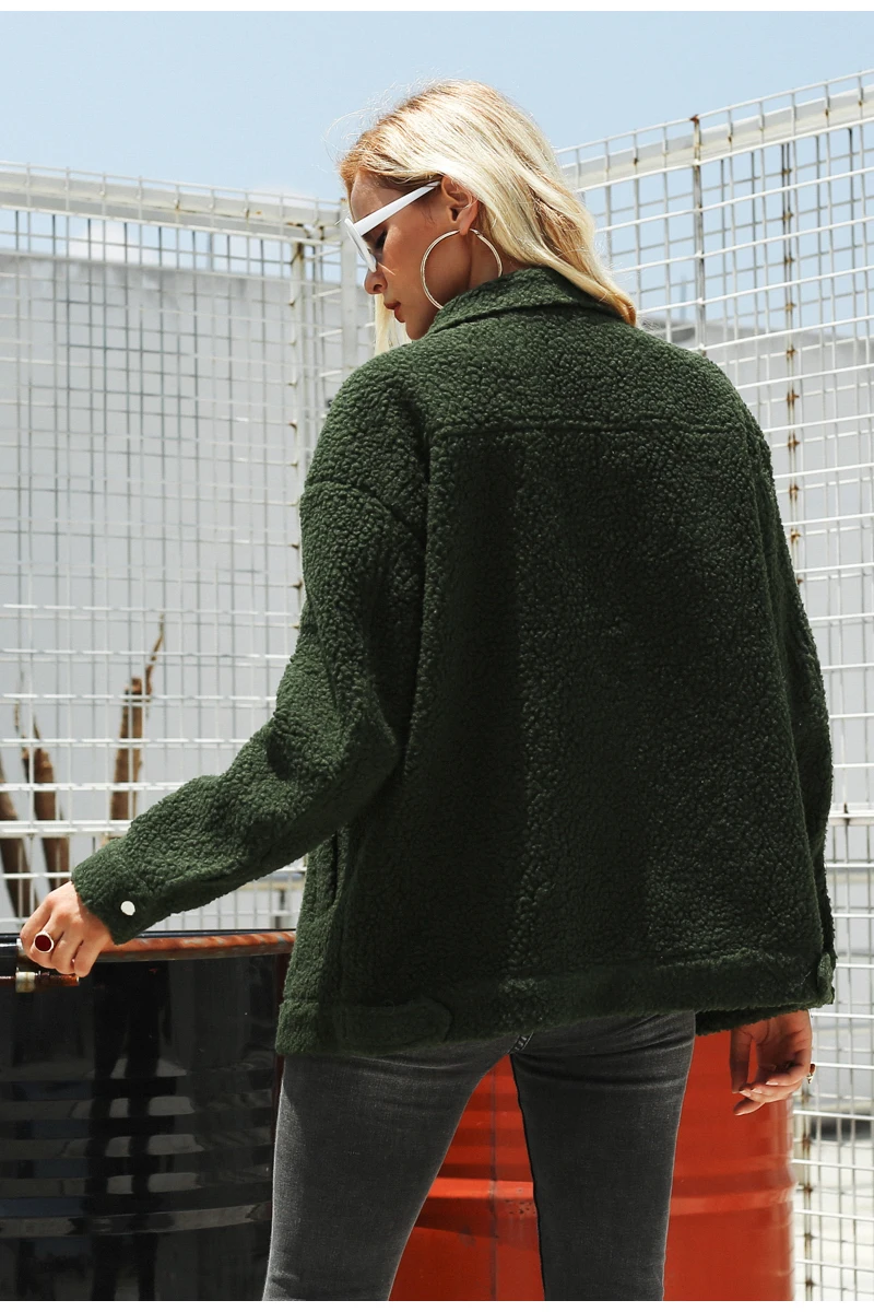 Женская шуба Simplee цвета хаки, модная куртка из овечьей шерсти с карманами, женская верхняя одежда из искусственного меха на зиму