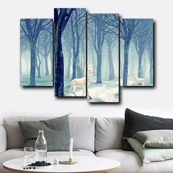 

Nordic Style Forest Canvas Painting Deer Wall Pictures For Living Room 4 Panel Posters And Prints Wall Decor Home Decoration