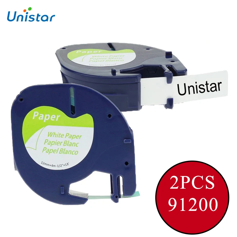 UNISTAR 2PCS Compatible Dymo Letratag Label Printer Ribbon Tapes 12mm x 4m Dymo 91200 Black on