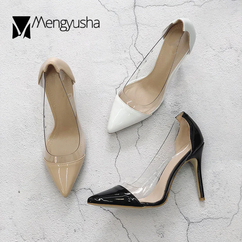 

elegant ladies patent leather high heels women pointed toe transparent pumps OL worke shoes black/white wedding shoes woman c765
