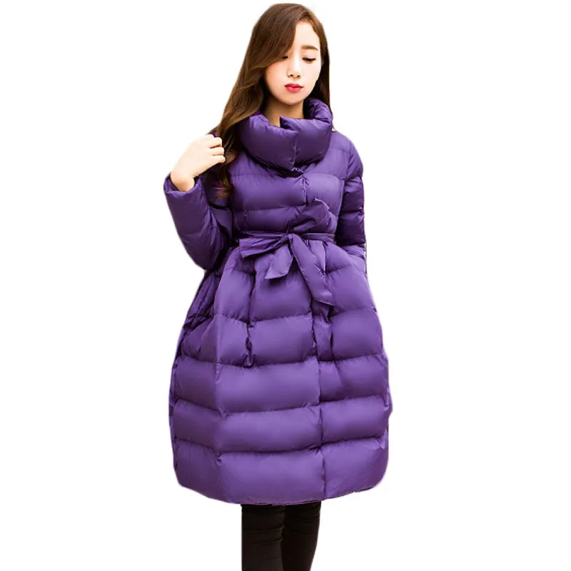 

Keep Warm Winter Coat Women Stand Collar Single Breasted Long Jacket Coat Outerwear Ladies A-line Solid Black Purple Parka XH960
