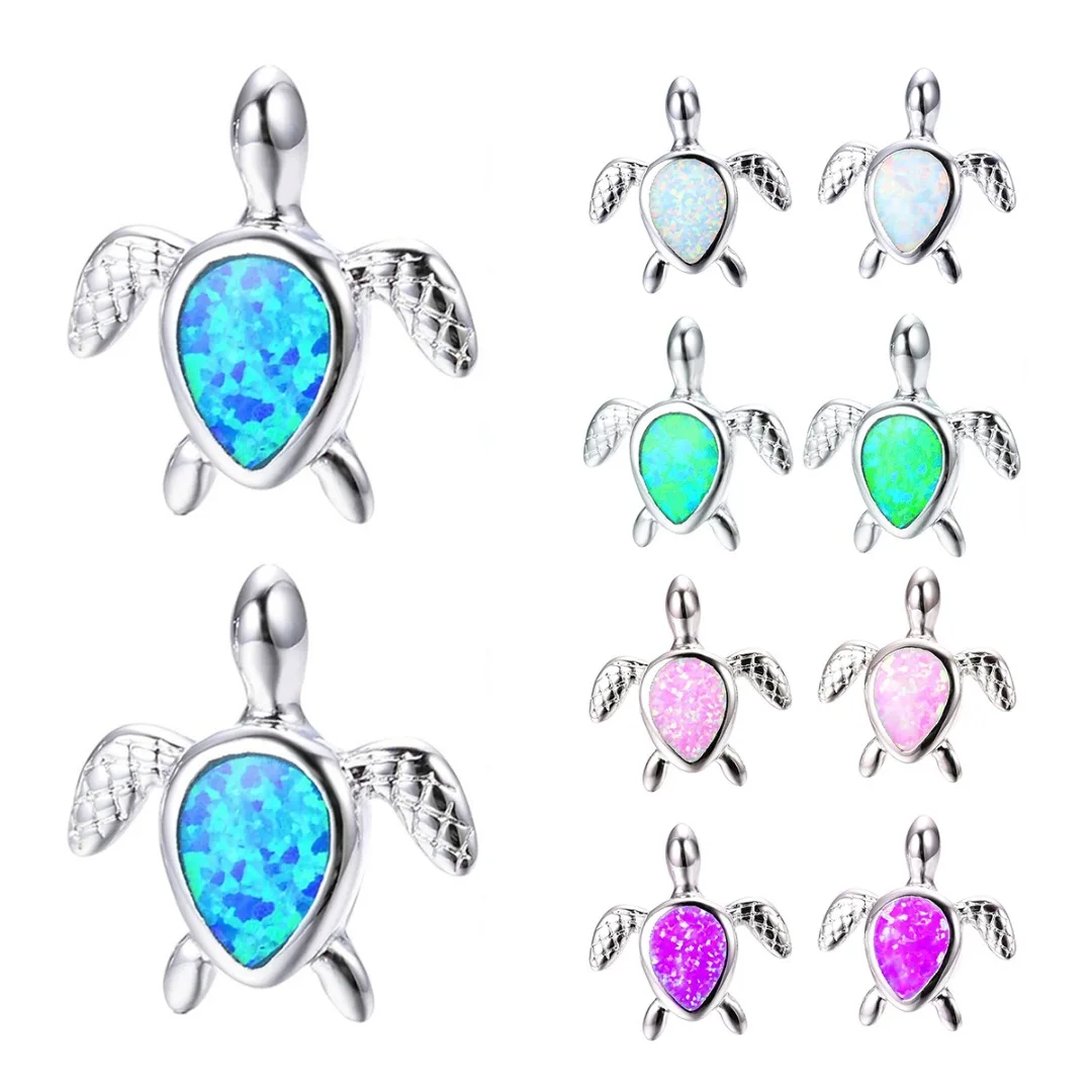 Fashion Creative Cute Ocean Sea Turtle Austrian Crystal Opal Ear Stud Earring For Women Charm Silver Jewelry brincos Shellhard