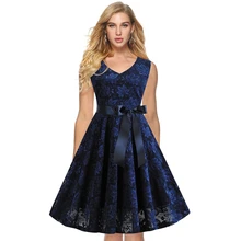 Elegant Vintage Lace Floral Dress Women Summer Flare Skater A-Line Midi Dress Casual Sleeveless Dress Lady Party Dress with Belt fashion floral imprint sleeveless skater dress