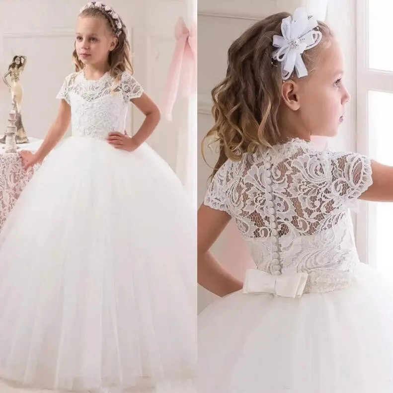 

White Tulle Flower Girl Dresses For Wedding with Button Girls Pageant Gown Short Sleeves Holy First Communion Dress Custom Made