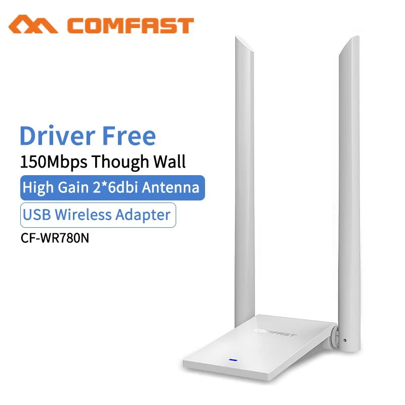 

Comfast 150Mbps USB WiFi Adapter 2.4Ghz USB 802.11b/g/n 2*6dbi WiFi Antenna High power Through PC Wi-Fi Receiver Windows 7 8 10