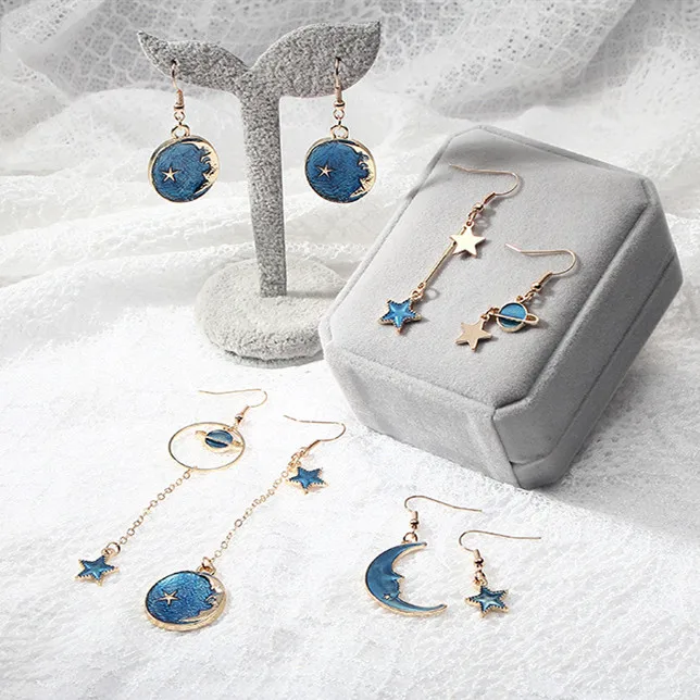 

1 Pair Fashion Blue Pink Star Moon Star Stud Earrings for Women Gold Color Universe Planet Circle Asymmetry Long Earrings