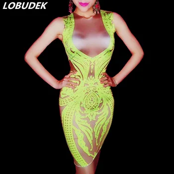 

Summer Female Dress Green Printing Shining Crystals Sleeveless Short Dress Nightclub Bar Singer Party Show Sexy Stage Costume