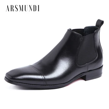 

Men's Chelsea Boots Ankle Dress Wedding Boots Genuine Leather Chakku Elastic Band Square Toe Cow Leather Shoes 2019
