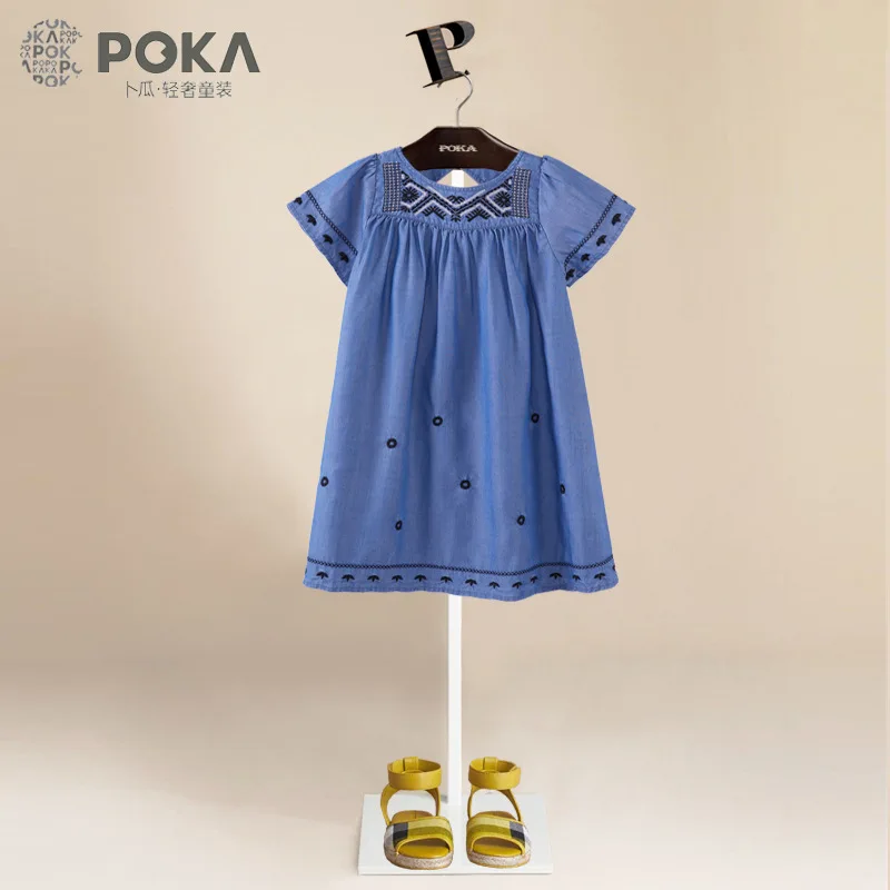 

POKA 5~13Y Kids Short Sleeve Tencel Denim Dresses for Girls 2017 Brand Children Summer Clothes Girls Casual Dress Fits 110~160cm