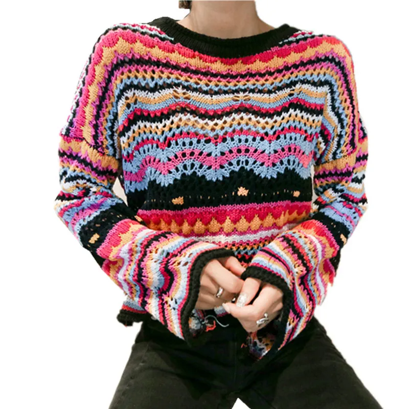 

JSXDHK Korean Women Colour Striped Sweater 2018 New Fashion Autumn Knitted Rainbow Hollow Out Long Sleeve Casual Pullover Tops