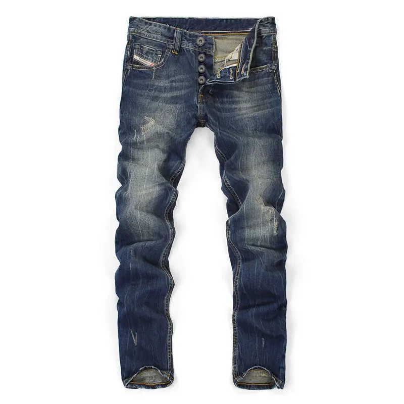 Comprar Alta calidad gran oferta Jeans de marca de moda para hombre Vaqueros rectos de Color azul oscuro con estampado de Hombre Vaqueros rasgados, vaqueros de alta calidad