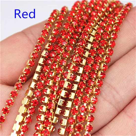 2mm 2.5mm 2.8mm 3mm 2Yard Colorful Sew on Crystal Rhinestone Cup Chain Gold Based Claw for Party Dinner Dress Accessories 8Y1200 - Цвет: Red