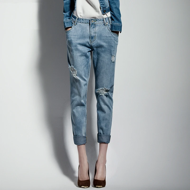 

High Quality Jeans Women Vintage Hole Printed Pockets Mid Waist Solid Pencil Denim Ankle-Length Pants New Fashion Autumn 2017