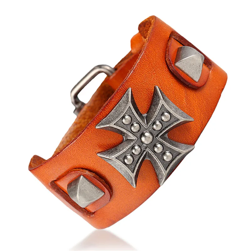 Кожаных браслетов, мужской ретро браслет с крестом, мужской браслет из натуральной кожи, мужские и женские браслеты, браслеты Pulseira - Окраска металла: Orange
