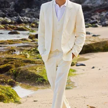 3 шт. бежевый льняной мужской костюм, блейзер Летний Пляжный мужской костюм для свадьбы брюки жилет Повседневная куртка, смокинг костюм Homme Mariage