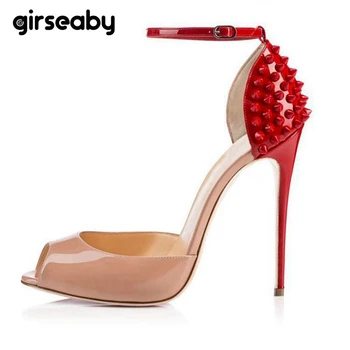 

Girseaby summer women studded sandals sexy thin High heels peep toe heeled shoes big size 46 party dress sandalias mujer E213