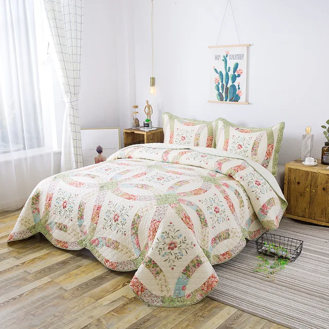 Quality handmade patchwork quilt set 3pcs embroidered bedspread quilted