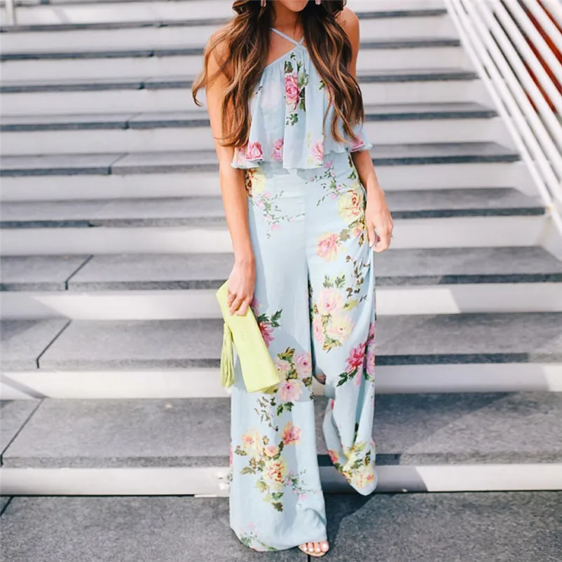 Fashion summer jumpsuit woman 2018 Strap Floral Sleeveless Backless Jumpsuit Long Wide Leg Trousers pantaloni siamesi J28#N (10)